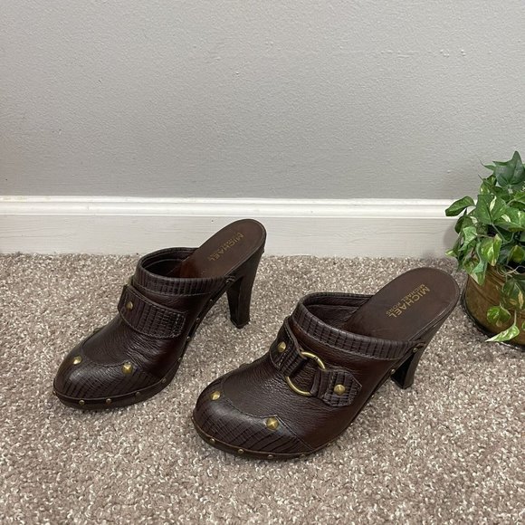 Michael Kors Platform Clogs Size 9 M Brown Leather Mule Wooden Studs - Picture 2 of 8
